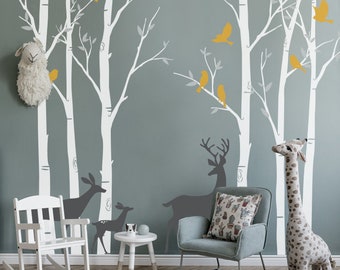 The Birch Tree Deers with Birds - Removable Wall Vinyl Decal