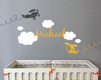 Airplane Cloud and Personalized Name - Nursery Wall Decal Sticker