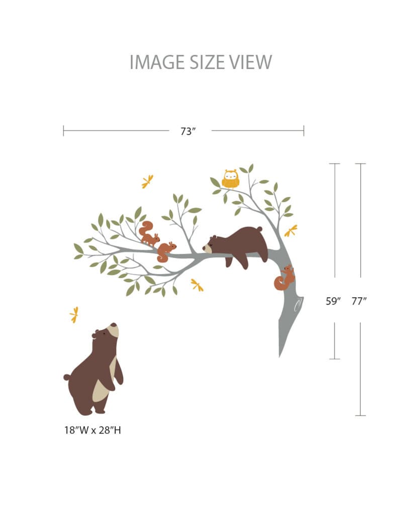 May include: A set of woodland animal wall decals featuring a brown bear, squirrels, and an owl. The decals are arranged on a branch with green leaves and yellow butterflies. The image shows the size of the decals in inches.