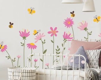 Floral Wall Decal: Bees, Butterflies, Flowers - Girl's Nursery Decor