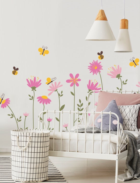 Flowers With Bees and Butterflies Wall Decal Etsy