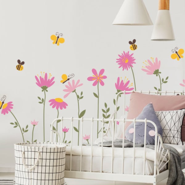 Floral Wall Decal: Bees, Butterflies, Flowers - Girl's Nursery Decor