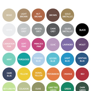 May include: Color chart with 24 different colors, including beige, light brown, nut brown, brown, gold (metallic), white, light grey, middle grey, dark grey, silver (metallic), black, carnation pink, soft pink, princess pink, lilac, lavender, violet, mint, turquoise, powder blue, geyser blue, light blue, gentian blue, dark blue, yellow, signal yellow, persimmon, orange, red, key lime pie, celadon, olive, lime tree green, green, and dark green.