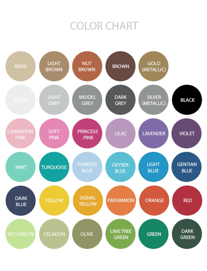 May include: Color chart with 24 different colors, including beige, light brown, nut brown, brown, gold (metallic), white, light grey, middle grey, dark grey, silver (metallic), black, carnation pink, soft pink, princess pink, lilac, lavender, violet, mint, turquoise, powder blue, geyser blue, light blue, gentian blue, dark blue, yellow, signal yellow, persimmon, orange, red, key lime pie, celadon, olive, lime tree green, green, and dark green.