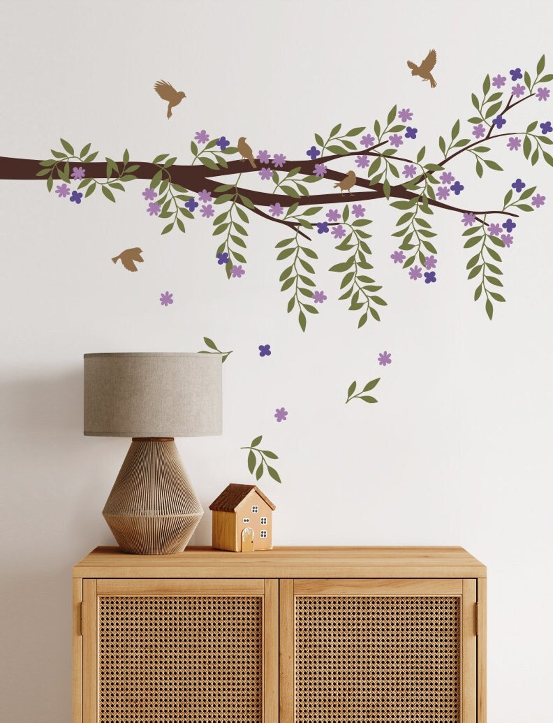 Floral Branch Wall Decal: Leaves, Flowers, Birds - Etsy