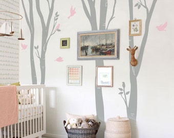Birch Tree Decal, Wall Decals, birds - Nursery Kids Removable Wall Decal, Romm Deocr Sticker