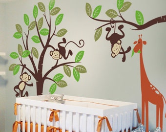 Nursery Wall Decal - Aap en giraffe - Kids Wall Decal decor