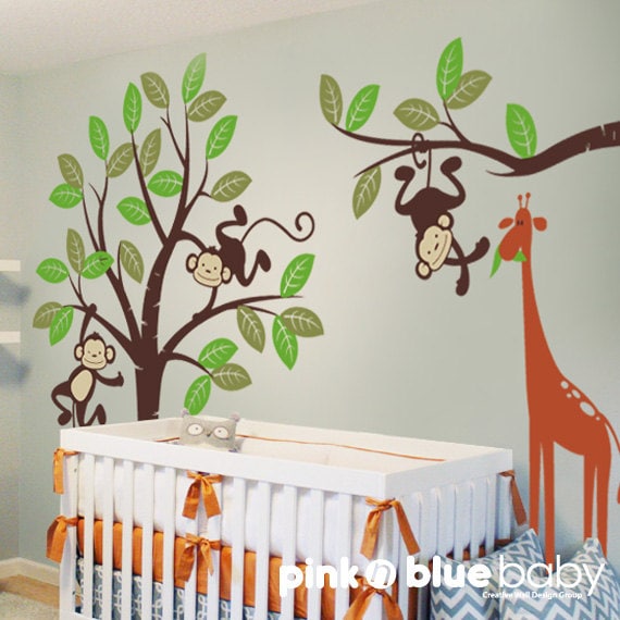 Large Wall Decal Animal Friends Swinging Monkeys and Giraffe for Nursery Room 