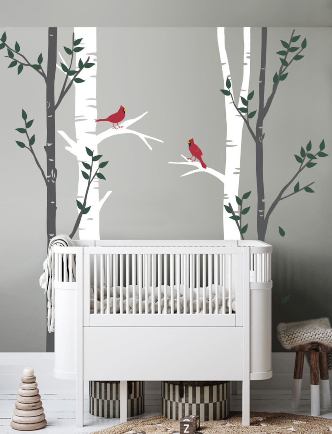 Woodland Birch Trees and Cardinal Birds Wall Decal - Nature-inspired ...