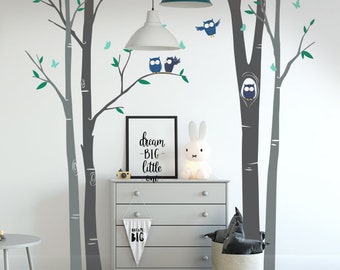 Owls and butterflies with Birch Tree Wall Decal