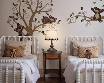 Enchanting Bears & Swirly Tree Wall Decal for Nursery, Kids Room Decoration, Woodland Theme Sticker