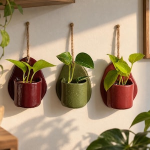 May include: Three wall-mounted ceramic planters with glossy finishes in deep red, olive green, and terracotta red. Each vessel has a rounded backplate and is suspended by a natural jute twine cord, containing a small green pothos plant with leaves.