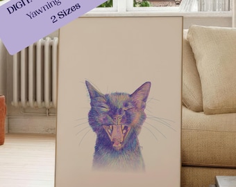 Impresión artística de gato bostezando / Estilo lápiz de color CMY Hecho a mano / Descarga digital