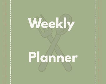 Puede incluir: Un planificador semanal con un fondo verde claro y un borde blanco punteado. Las palabras "Weekly Planner" están en blanco en negrita, con un gráfico de tenedor y cuchara en el centro.