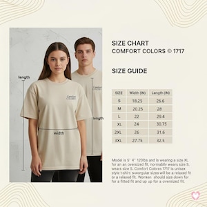 May include: Beige Comfort Colors t-shirts with the Comfort Colors logo, worn by a woman and a man. A size chart shows measurements in inches for sizes S to 3XL. The text "SIZE CHART COMFORT COLORS &copy; 1717 SIZE GUIDE" is also visible.