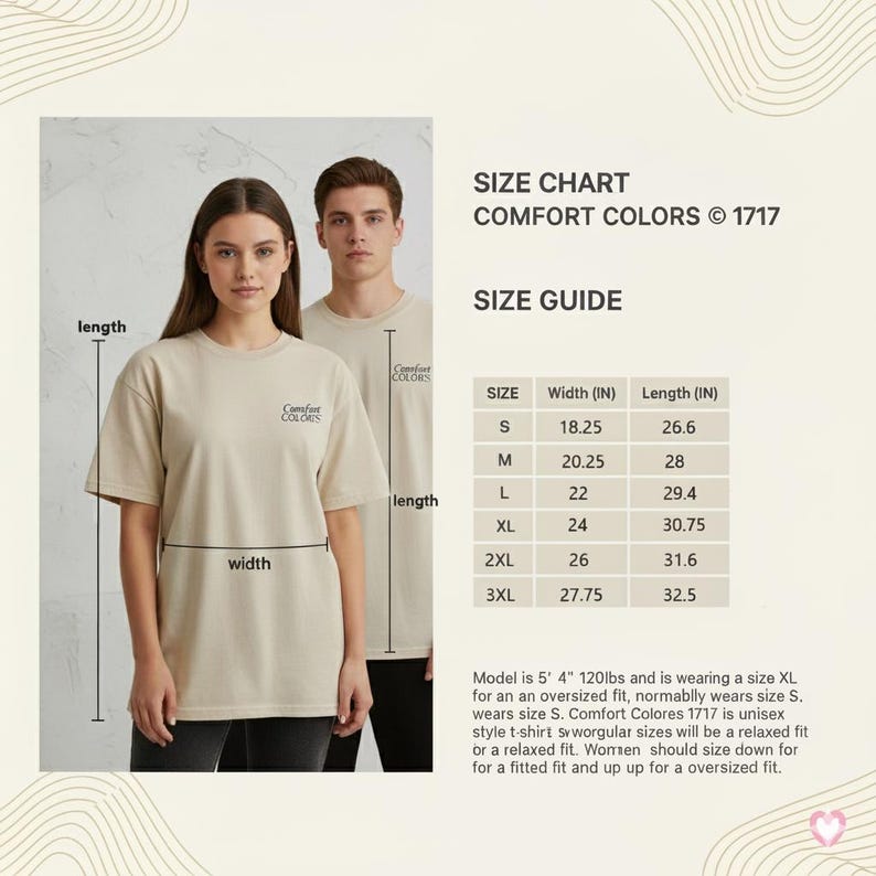 May include: Beige Comfort Colors t-shirts with the Comfort Colors logo, worn by a woman and a man. A size chart shows measurements in inches for sizes S to 3XL. The text "SIZE CHART COMFORT COLORS &copy; 1717 SIZE GUIDE" is also visible.