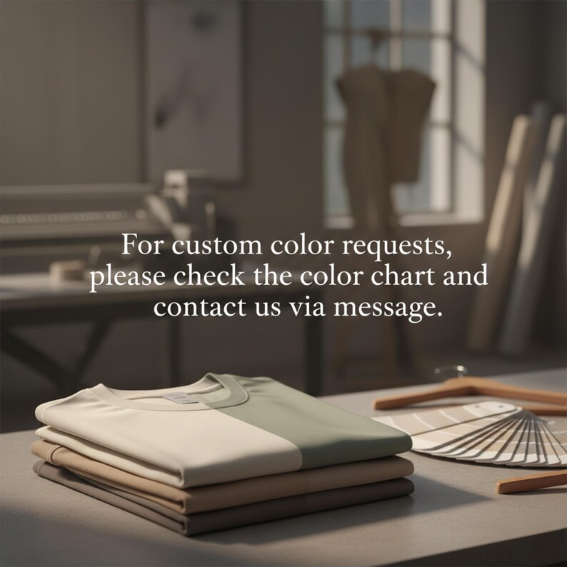 May include: A stack of folded t-shirts in neutral colors, including beige, tan, and olive green, are displayed on a table. The text "For custom color requests, please check the color chart and contact us via message" is visible. A color chart and hangers are also present.