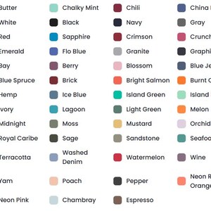May include: A color chart featuring a variety of hues, including Butter, Red, Black, and Navy. Each color is displayed in a square with its name underneath. The chart includes shades like Emerald, Berry, and Washed Denim.