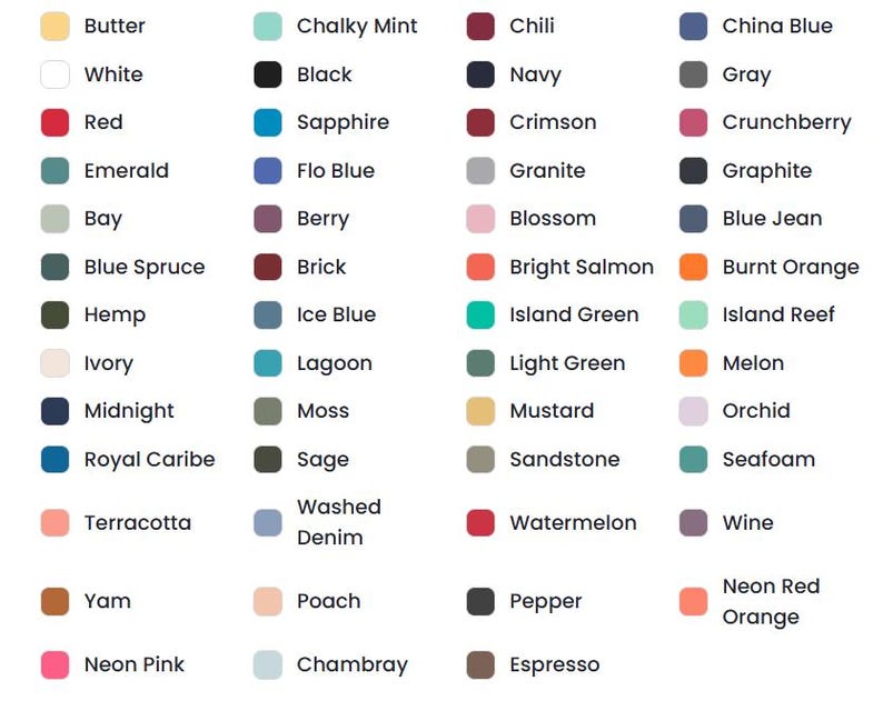 May include: A color chart featuring a variety of hues, including Butter, Red, Black, and Navy. Each color is displayed in a square with its name underneath. The chart includes shades like Emerald, Berry, and Washed Denim.