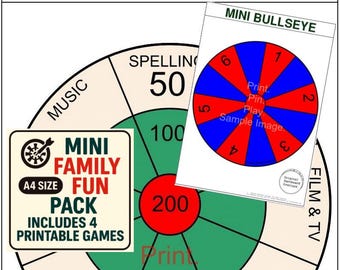 Mini Family Fun Pack – A4 Printable Dartboard Games | Bullseye, Bingo, Horseshoe, Tin Can | Digital Download by Original Dartboard Overlays