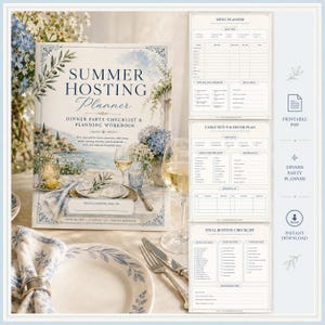 Puede incluir: Un planificador de cenas Summer Hosting Planner con una ilustración costera en la portada. El conjunto incluye páginas imprimibles para la planificación de menús, la disposición de la mesa, la decoración y listas de control para organizar eventos.