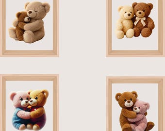 Süße braune Teddybär-Wandkunst für Kinder - 4-teiliges Set zum Herunterladen | Poster für Kinderzimmer, Schlafzimmer Dekor - Entzückende Tierbilder