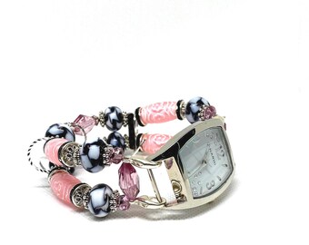 Watchbands for Women, A Pink Black White Beaded Bracelet Watchband, Stretchy Interchangeable