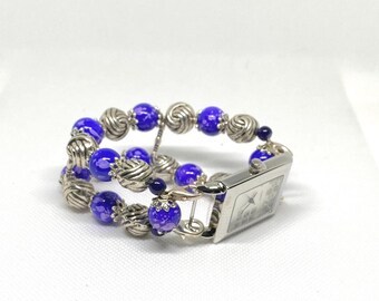 Blue Beaded, Interchangeable, Stretchy, Watchband, Slimline, Handmade, Women, Gifts For Her,