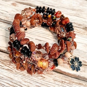 Boho Memory Wire Cuff Bracelet: Fall Colors Crystal Beads