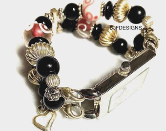 Black with Pink Beaded Interchangeable Watchband, Stretchy Bracelets, Vintage Style  Watchband, Watches, Handmade, Women, Gifts For Her