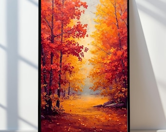 Autumn Forest Wall Art | Nature Poster Red and Yellow Leaves | Landscape Style Autumn Season Wall Decor