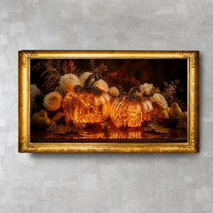 Glowing Glass Pumpkins TV Art, Elegant Autumn Fall Decor, Cozy Halloween Fireplace Display, Digital Download 4K TV Frame Art