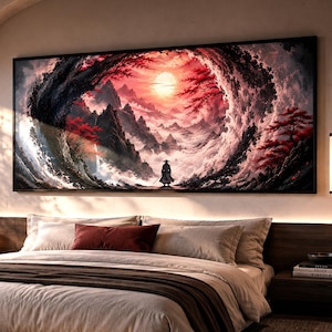 Puede incluir: Una gran pieza de arte mural rectangular con un paisaje de una figura solitaria frente a montañas brumosas, árboles rojos y un sol brillante, enmarcada en negro y montada sobre una cama baja con ropa de cama de tonos neutros.