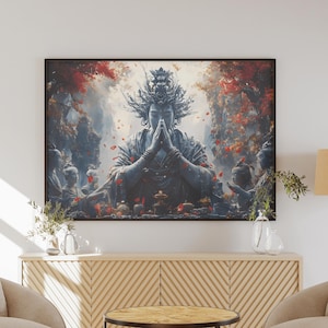 Puede incluir: Impresión artística enmarcada que representa una figura serena en meditación, rodeada de otras figuras y un fondo de tonos rojos y azules. La obra de arte se exhibe sobre un mueble de madera, con una lámpara y sillas en primer plano.