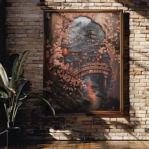 Puede incluir: Una obra de arte enmarcada que representa una escena de un pueblo japonés. La obra presenta un puente de madera, edificios tradicionales y flores de cerezo. La paleta de colores incluye tonos cálidos de rojo, marrón y naranja, con un toque de verde.