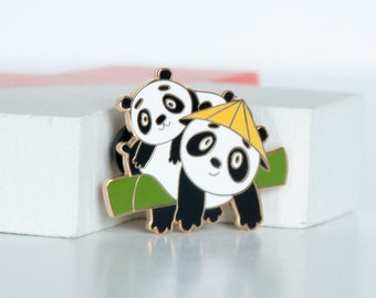 SALE Panda Pin, Panda and Bamboo Pinback, Chinese Panda Enamel Pin, Gold Hard Enamel Pin, Panda Animal Pin, Panda Bear Lapel Pin