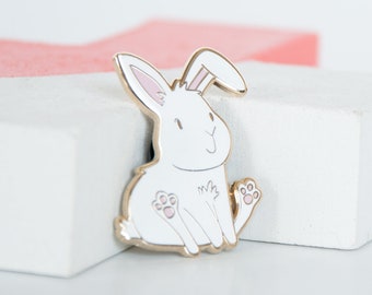 White Bunny Cloisonne Pin, Sitting Rabbit Lapel Pin, Bunny Pin, Baby Rabbit, Hard Enamel Pin, Gold Pin, Animal Pin Accessories