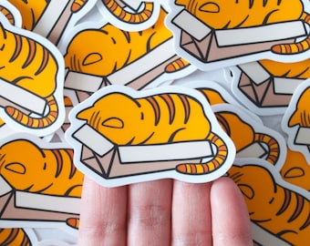 Tabby Cat in a Box Vinyl Sticker | Orange Cat Sticker