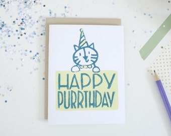 Happy Birthday Cat Greeting Card Unique Cards Funny Puns Lino Cut Block Printed