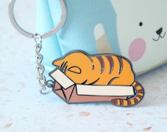 Tabby Orange Cat Keychain Accessory, Cat in a Box keychain, Cat Mood Accessory, Striped Cat, Cat Lover Keychain