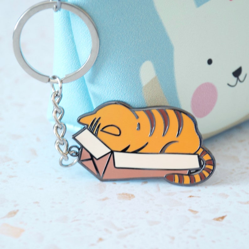 Tabby Orange Cat Keychain Accessory, Cat in a Box keychain, Cat Mood Accessory, Striped Cat, Cat Lover Keychain image 1