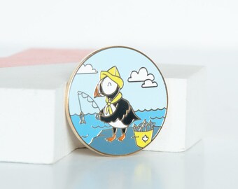 SALE - Puffin Bird Enamel Pin, Fisherman Pin, East Coast Pin, Bird Brooch, Canadian Wildlife Pin, Fishing Puffin Pin, Gold Hard Enamel Pin