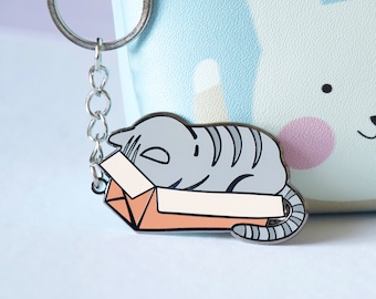 Grey Cat Keychain Accessory, Cat in a Box keychain, Cat Mood Accessory, Striped Cat, Cat Lover Keychain