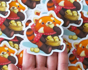 Asian Red Panda and Dumplings Vinyl Sticker | Kawaii Sticker