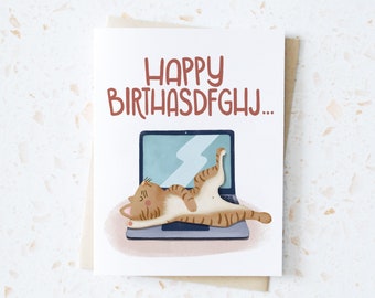 Tabby Cat Sleeping on a Laptop Birthday Greeting Card, Funny Kitty, Cat Mood Card, Celebration Card