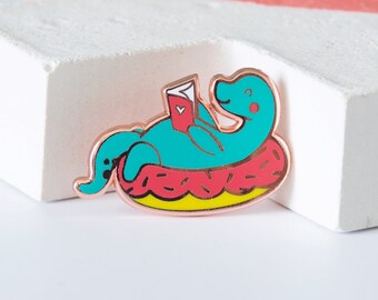 Dinosaur and Floatie Enamel Pin, Teal Dino, Summer Dino, Donut Float, Prehistoric Dino