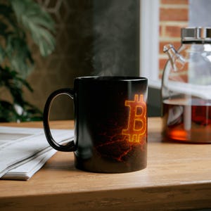 May include: Black coffee mug with a Bitcoin symbol in a fiery orange design. The mug is on a wooden surface, with steam rising from the contents. A glass teapot with tea is in the background.
