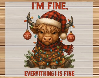 I'm Fine Everything is Fine Funny Christmas Transfer: Highland Cow with Lights, Ready to Press Cute Highland Cow Dtf