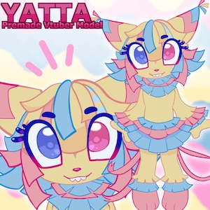 Puede incluir: Ilustración digital de un personaje de dibujos animados con apariencia de gato. El personaje tiene pelaje amarillo con detalles en azul y rosa, ojos grandes y un cuello y falda con volantes. El texto "YATTA Premade VTuber Model" está en la parte superior.