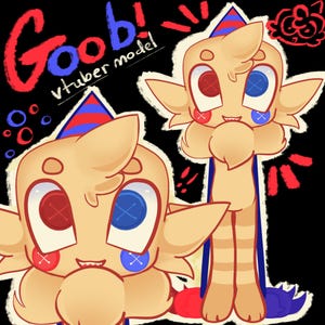 Könnte beinhalten: Illustration eines Cartoon-Charakters mit Knopfaugen und einer Partyhütchen. Der Charakter ist hellbraun mit roten und blauen Akzenten. Der Text "Goob! vtuber model" ist in Rot und Blau geschrieben.